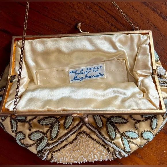 Vintage Beaded Purse Satin Evening Handbag 1940s 1950s Wedding Purse France - Picture 6 of 12